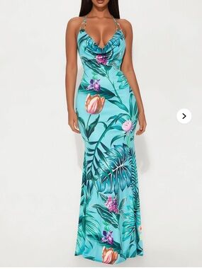 Fashion Nova Teal Tropical Halter Maxi Dress